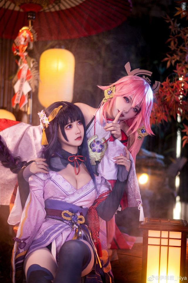 原神cosplay | coser桃景三酪&伊喵君_Nya化身雷电将军和八重神子