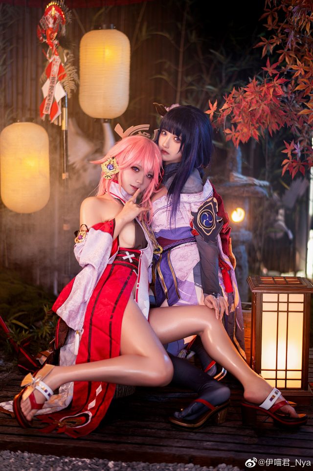 原神cosplay | coser桃景三酪&伊喵君_Nya化身雷电将军和八重神子
