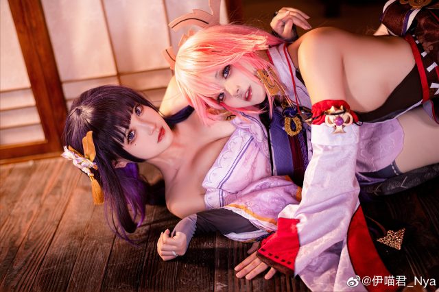 原神cosplay | coser桃景三酪&伊喵君_Nya化身雷电将军和八重神子
